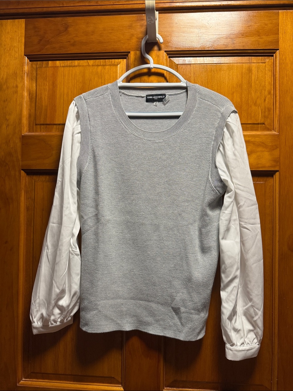 Karl Lagerfeld Light Gray Knit Crewneck Sweater with White Sleeves